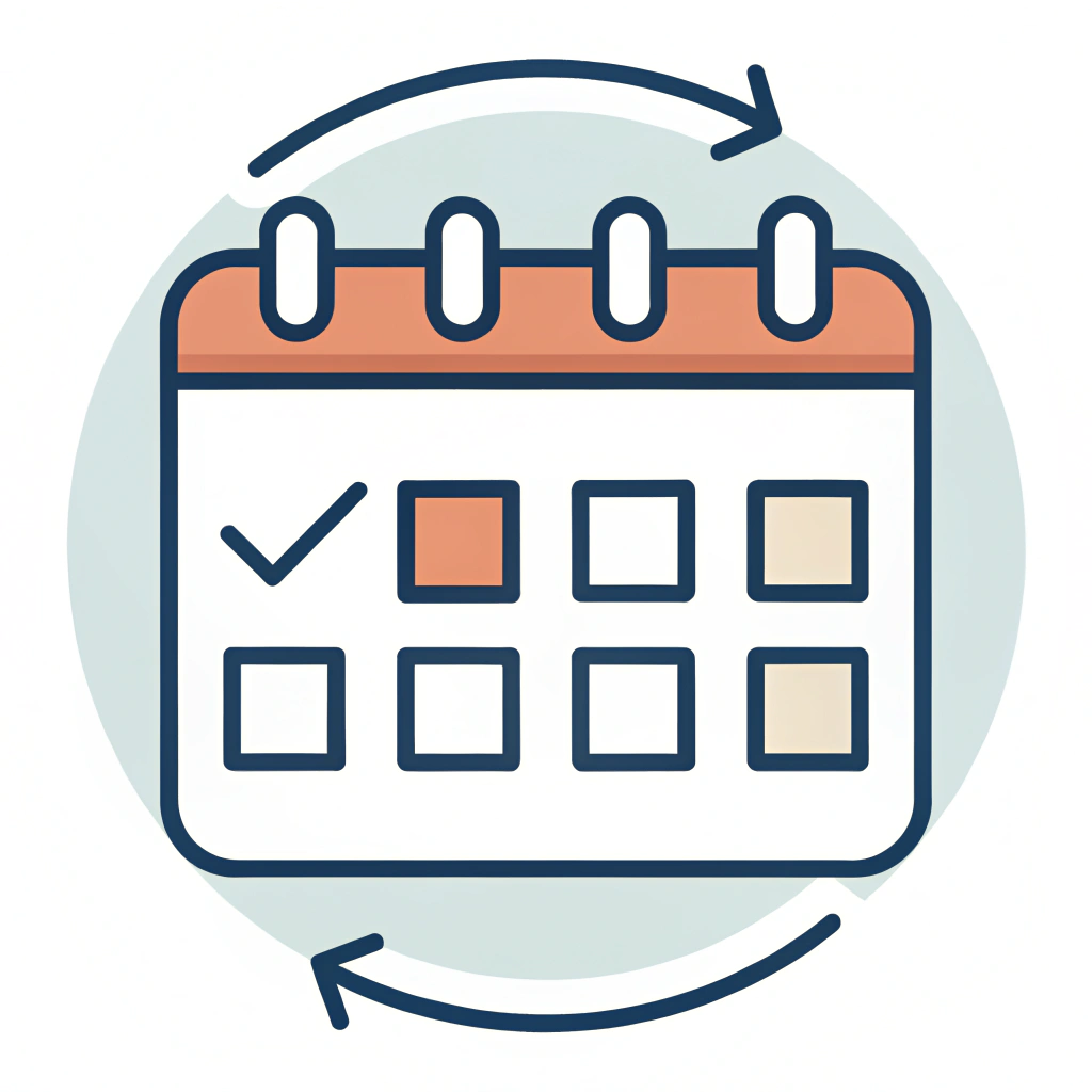 icon of a calendar with a weekly repeating arrow cycle, minimalist flat illustration, red and gray