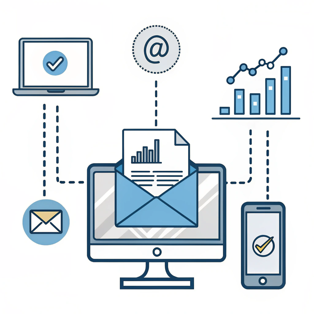 icon of a report being sent to multiple devices (email, dashboard, phone), minimalist flat illustration, orange and gray